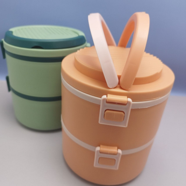 Ланч - бокс из нержавеющей стали 2 отделения (яруса) 1000 мл. / Многоразовый контейнер с приборами и с ручкой, Оранжевый цвет